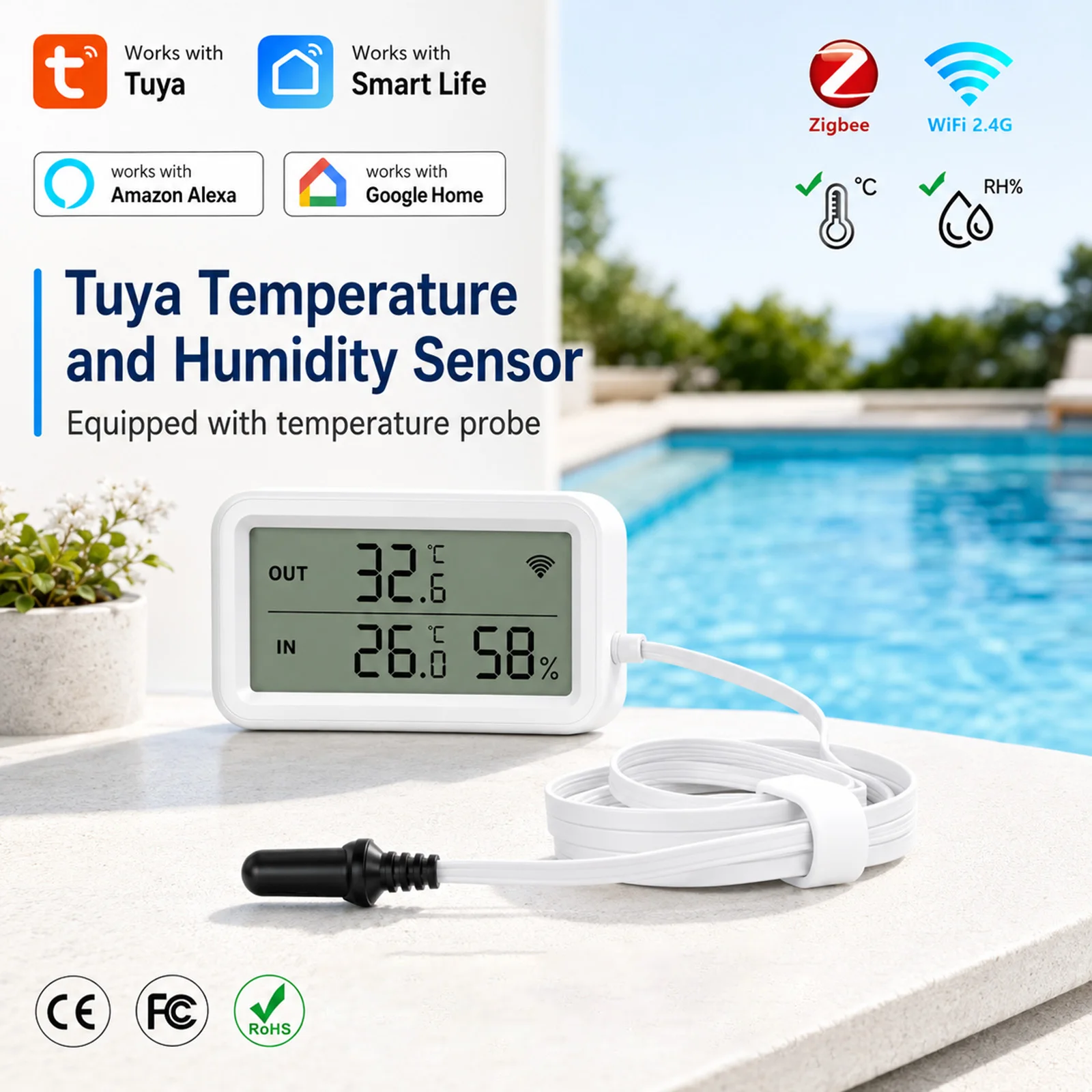 External Probe Temperature Humidity Sensor Tuya WiFi Zigbee LCD Waterproof Probe for Fridge Aquarium Pool Alexa Google Home