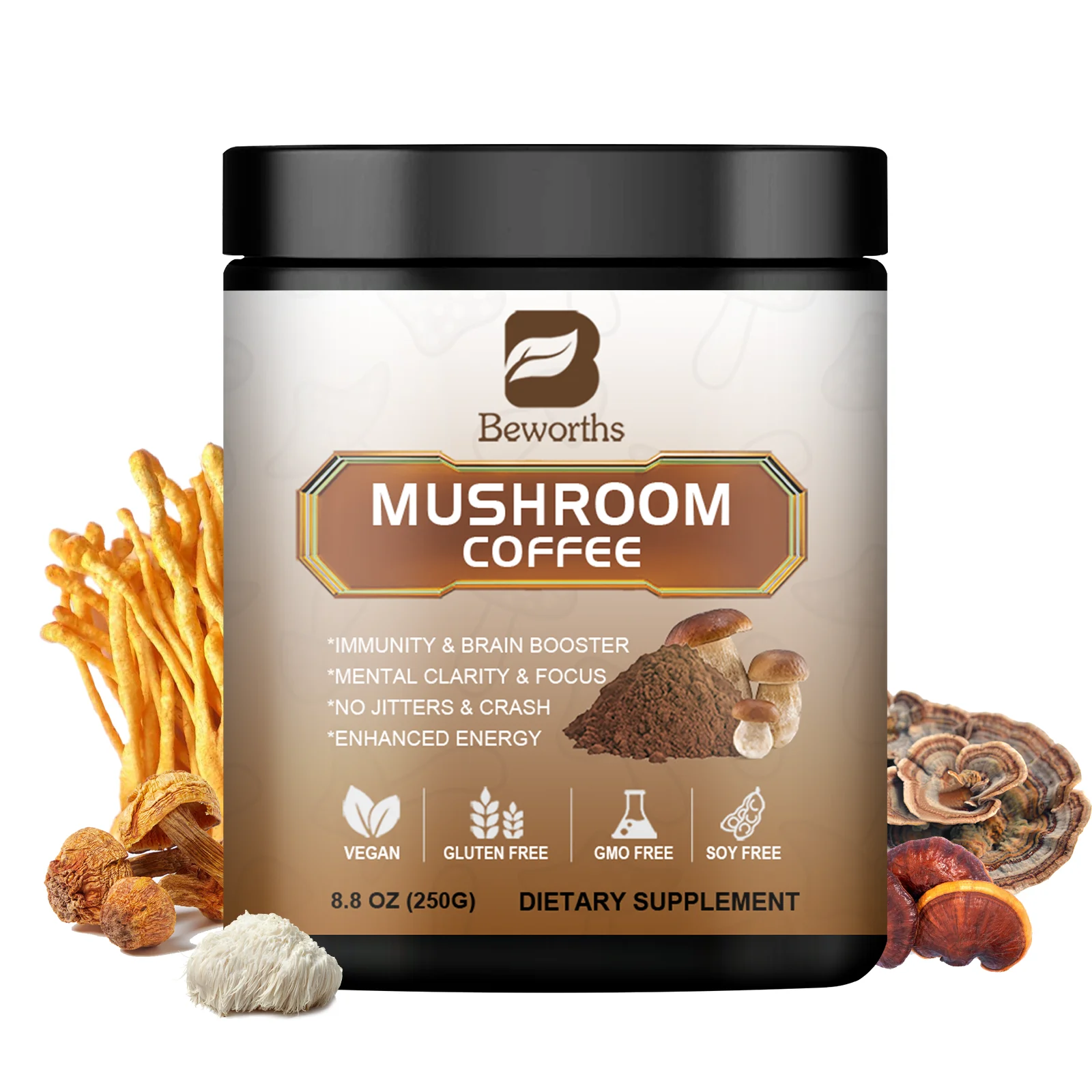 

BEWORTHS Lion's Mane Mushroom Coffee Supplement с рейши, кафедицепсом и индейкой, хвостовиком, психической четкостью и фокусом, усилителем мозга