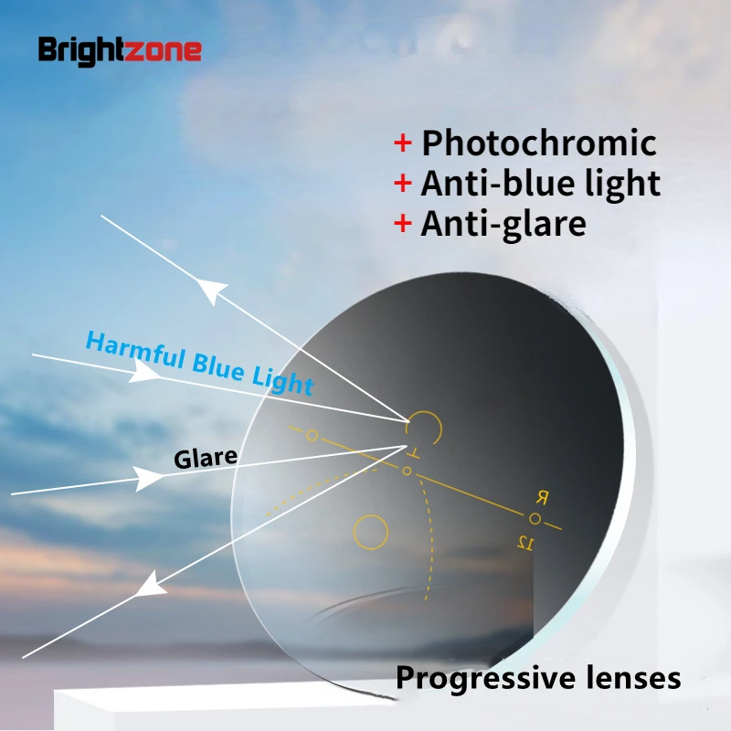 Brightzone 1.56/1.61/1.67/1.74 Photochromic Anti-Blue Light Progressive Multifocal Prescription Custom Lenses To See Far & Near