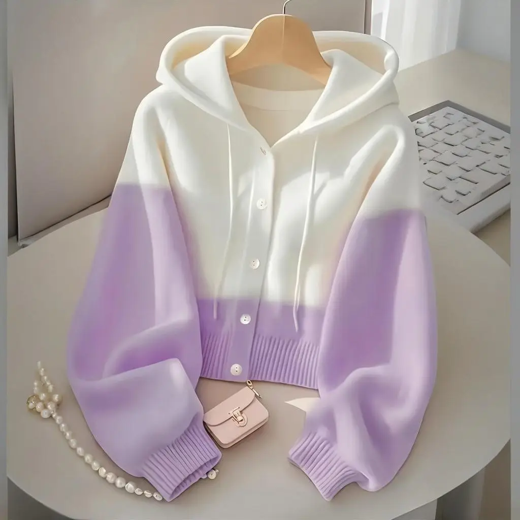 

Women Knit Cardigan Sweater Jacket Spring Autumn Coat New Korean Colour Matching Stripe Hooded Short Sweater Coat Female Tops