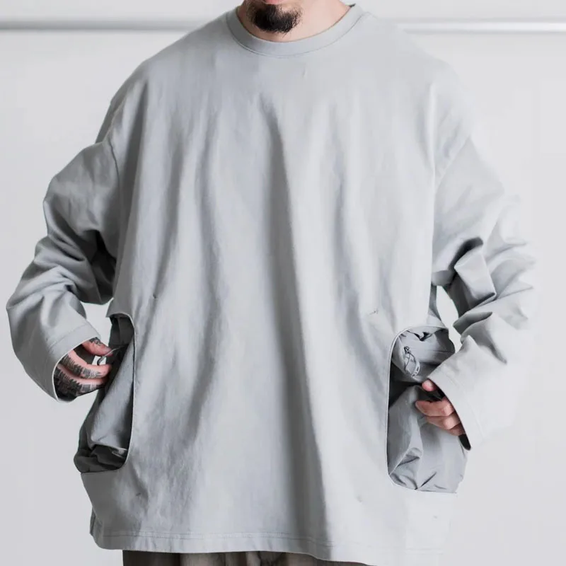 Japan Style CMF Men's and Women's Outdoor Spliced Long Sleeved T-shirt with Nylon Pocket Loose Cotton Base Pullover