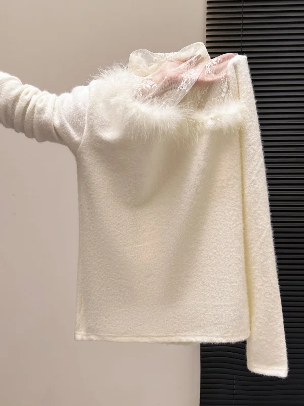 

Прозрачная кружевная базовая блузка для женщин, осенне-зимняя, с меховой подкладкой, длинными рукавами, полувысоким воротником, модный топ с меховыми вставками в корейском стиле