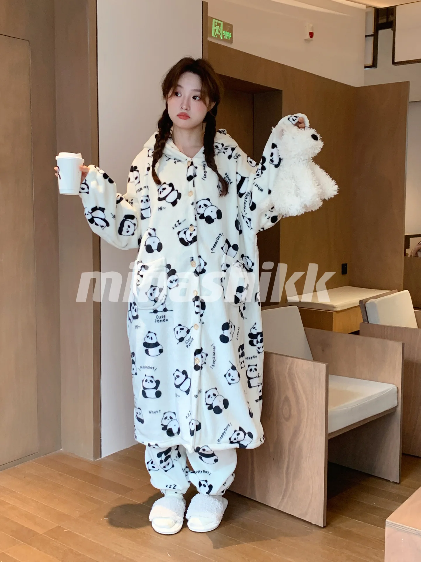 Fall Winter 2024 Women\'s Robe Pants Pajamas Cute Panda Print Fleece Thick Night-robe Nightgown Hooded Pockets Long Robes 40917