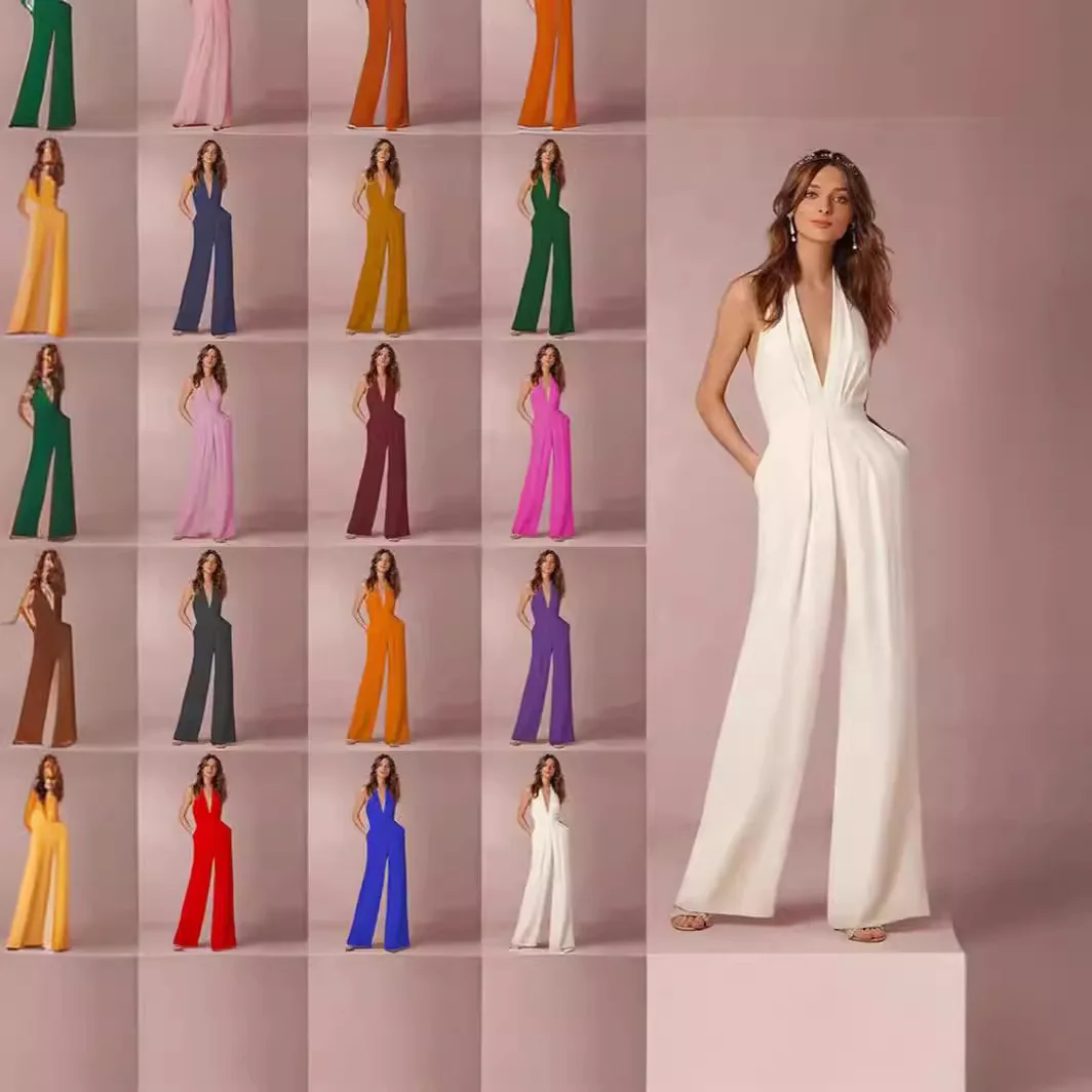 Kombinezon na wiosnę 2025, swobodny, seksowny, bez rękawów, z dekoltem typu halter.