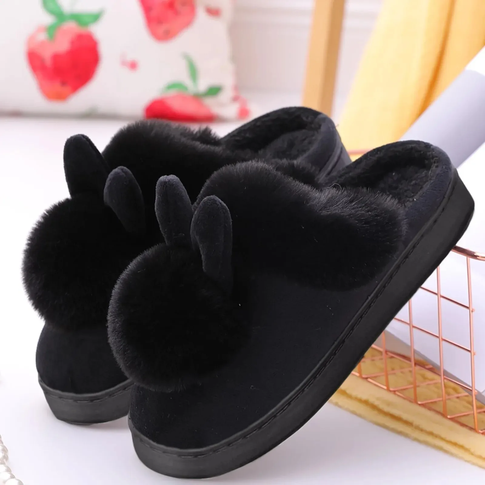 Zapatillas de casa cálidas de piel para mujer, zapatos de conejo para interiores, calzado con orejas peludas, zapatos de tacón plano para dormitorio interior, zapatillas mullidas, Invierno