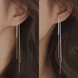 New Luxury Gold Color Long Tassel Earrings Trendy Korean Fashion White Zircon Ear Wire Women Accessories Earring Jewelry Gifts