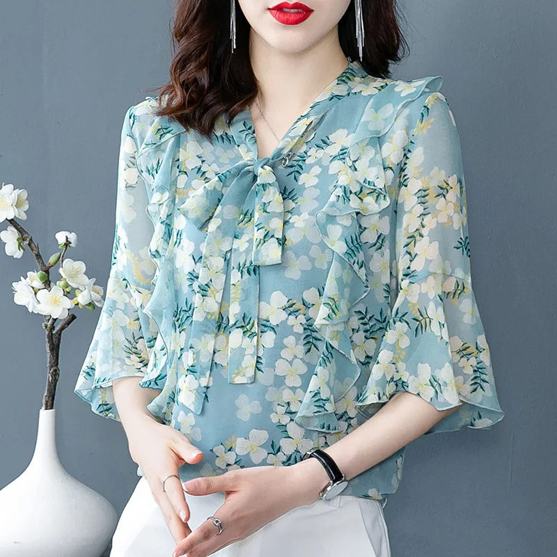 Women\'s Stylish Floral Print Ruffle Lace Up Blouse Elegant V Neck Short Sleeve Shirt Casual Loose Chiffon Tops Blusas Para Mujer