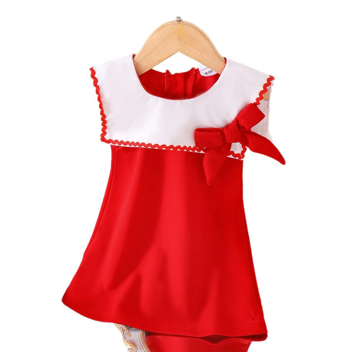 New Summer Kids Girls Red Dress, French Chic White Contrast Collar Elegant Princess Party Dress For Toddlers for 6M-3Y