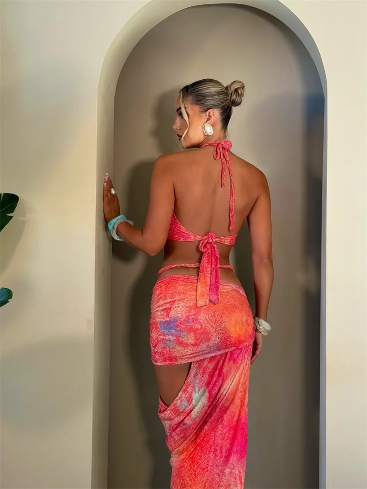 

Nibber Fit Plait, комплект из 2 предметов, тканый комплект Y2K для летнего пляжного отдыха, бандажные топы с лямкой на бретельках + макси-юбки с полыми разрезами, одинаковая клубная одежда