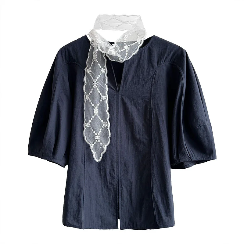 

French elegant women's shirt, V-neck lace patchwork white shirt, loose and age reducing top for women, summer