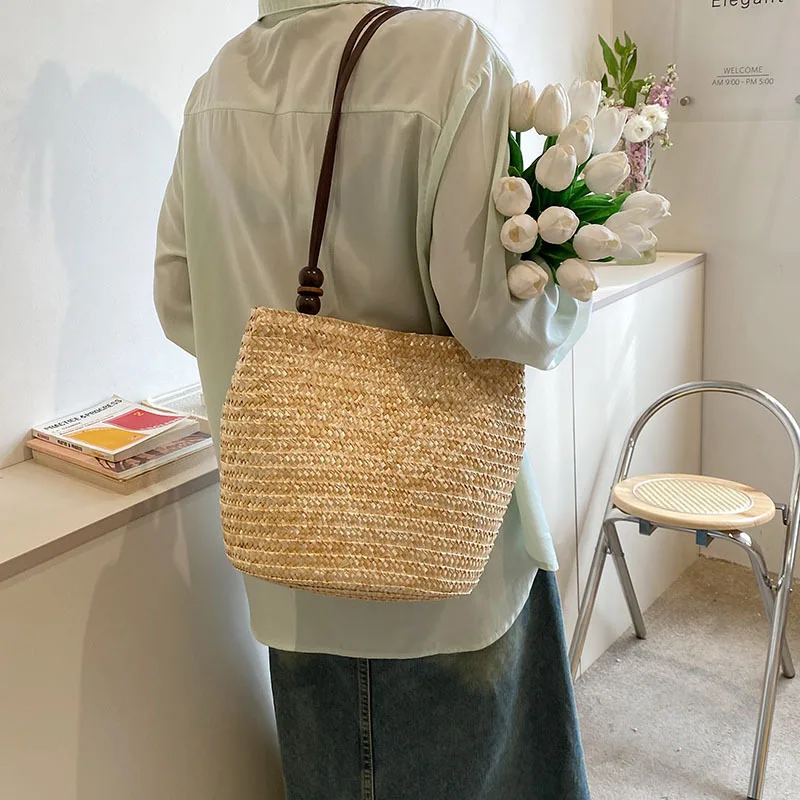 Casual Straw Woven Shoulder Bags For Women Wicker Handbags Handmade Summer Beach Bag Female Travel Large Capacity Rattan Totes