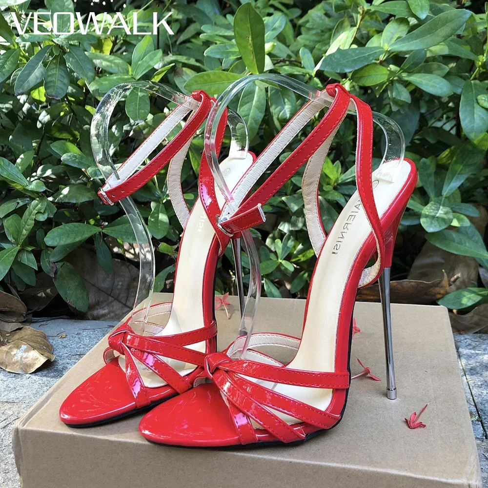 16cm Extreme Metal High Heels Fiery Red Patent Leather Strappy Stiletto Sandals with Chic Knot Detail SM Man Fetish Unisex Shoes