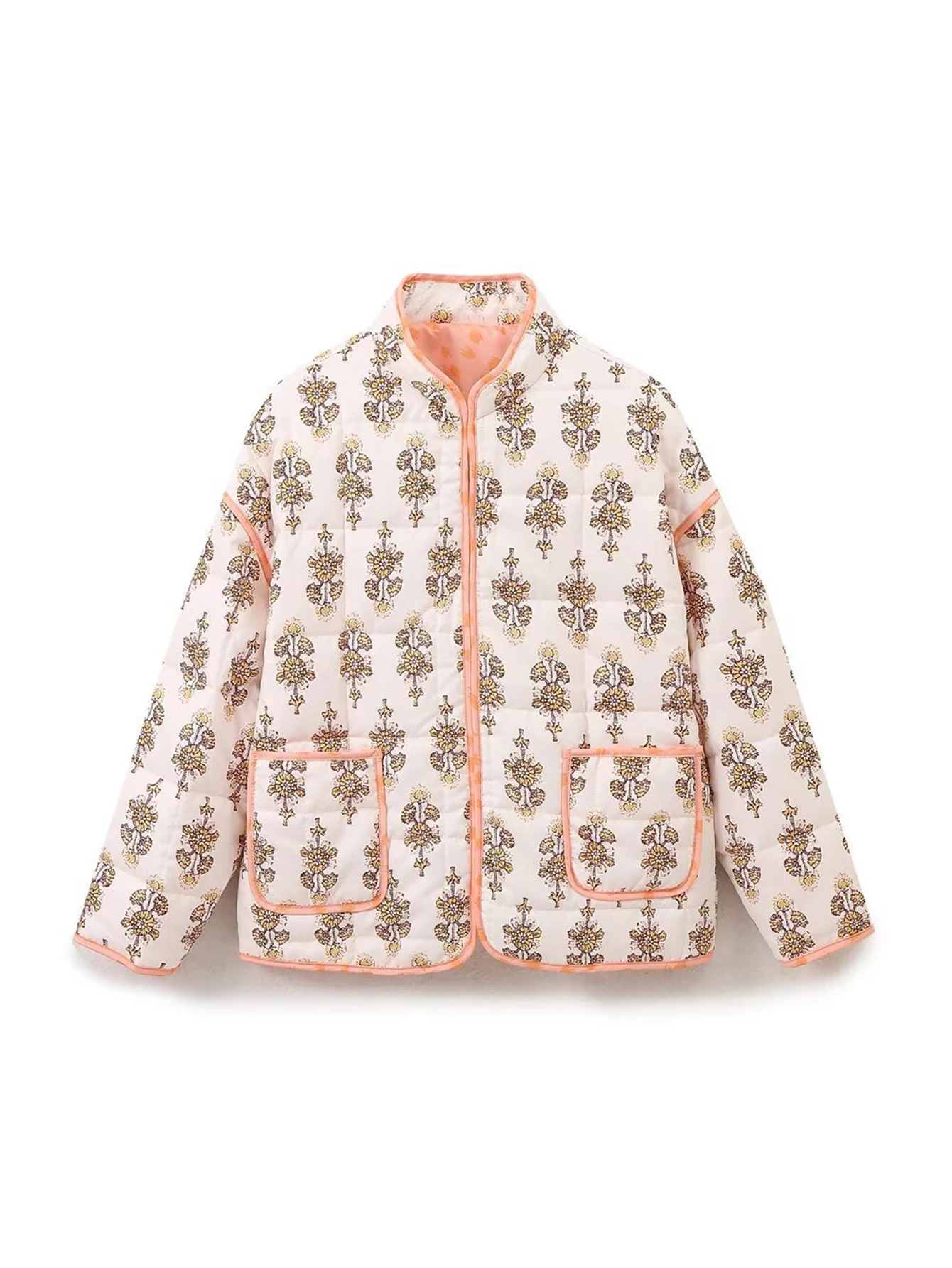 

Women's Full Print Stand Collar Casual Coat Long Sleeve Open Front Pockets Autumn Winter Comfortable Daily Basic Coats