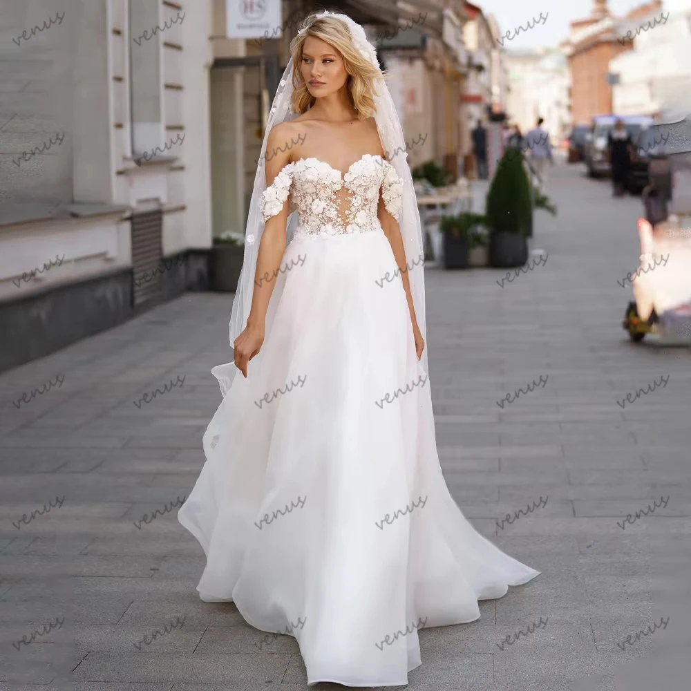 فساتين زفاف أنيقة على شكل حرف A فساتين زفاف من التل المتدرج قبالة الكتف بدون ظهر ساحرة فيستدوس دي نوفيا مخصصة