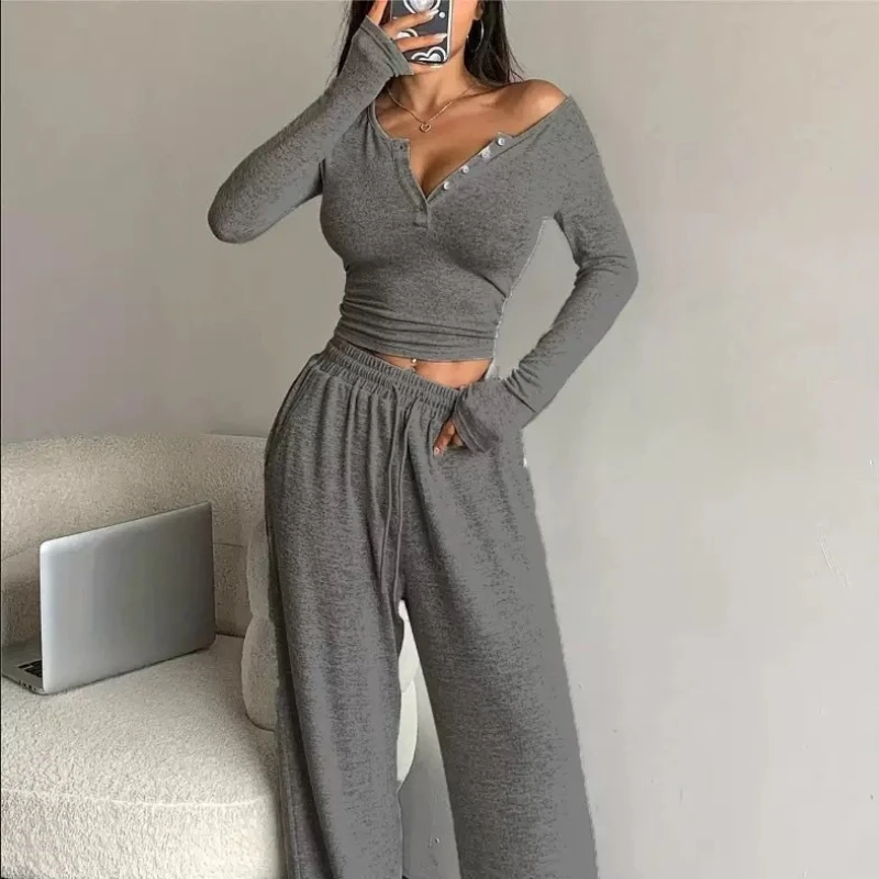 

Long-sleeved Sleepwear for Sleeping Buckle-type Solid-color Tight Top Trousers Two Pieces Pijama Mujer Invierno Winter Homewear