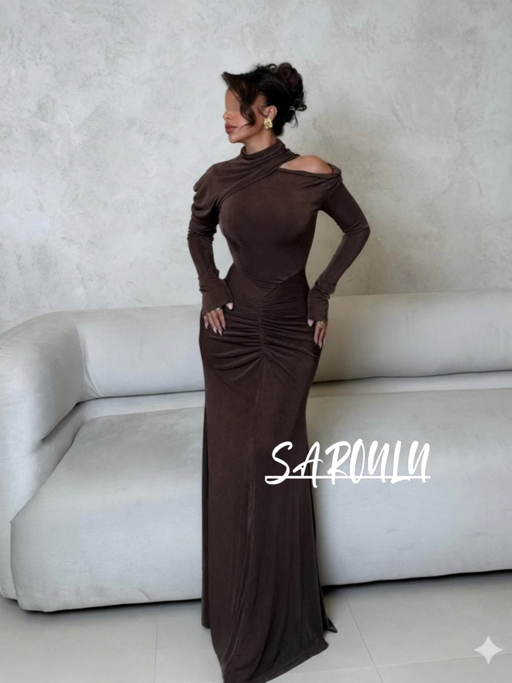 Coffee Velvet Elegant Evening Dress Women's Formal Events Bodycon Fit Prom Gown Celebrity Party Floor-length Wear Fast Shipping