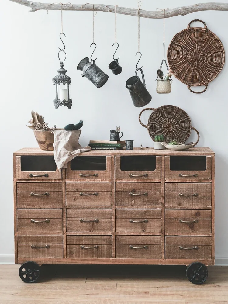 Vintage Sideboard Cabinet Distressed Wood Cabinet Closet Locker with Wheels