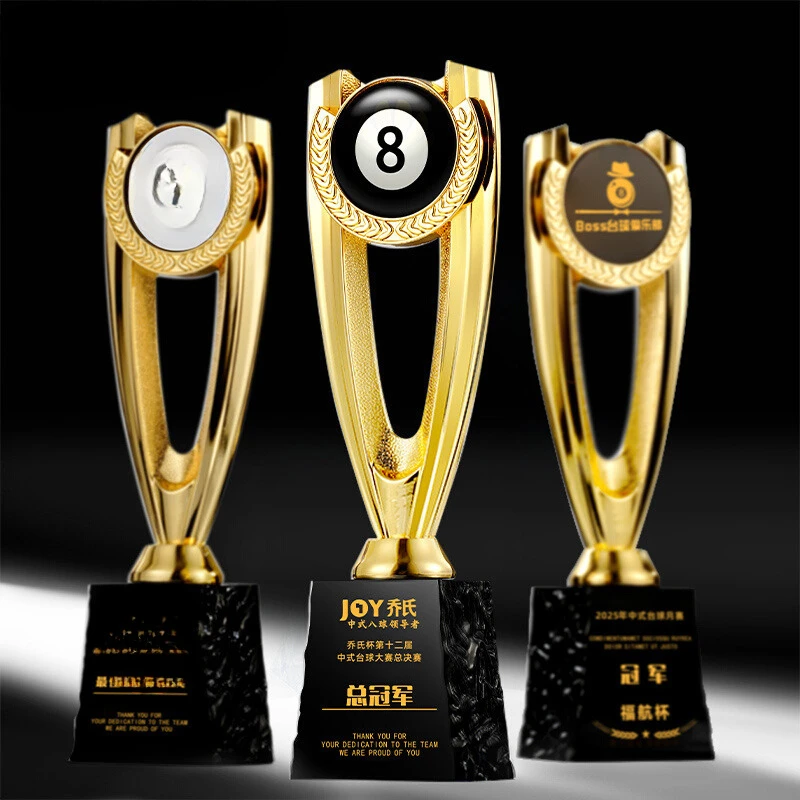 Customized Black Eight Billiards Resin Trophy Reward, Gold, Silver, Copper, Crystal Base, Sport Activity Competition Awards, 1Pc