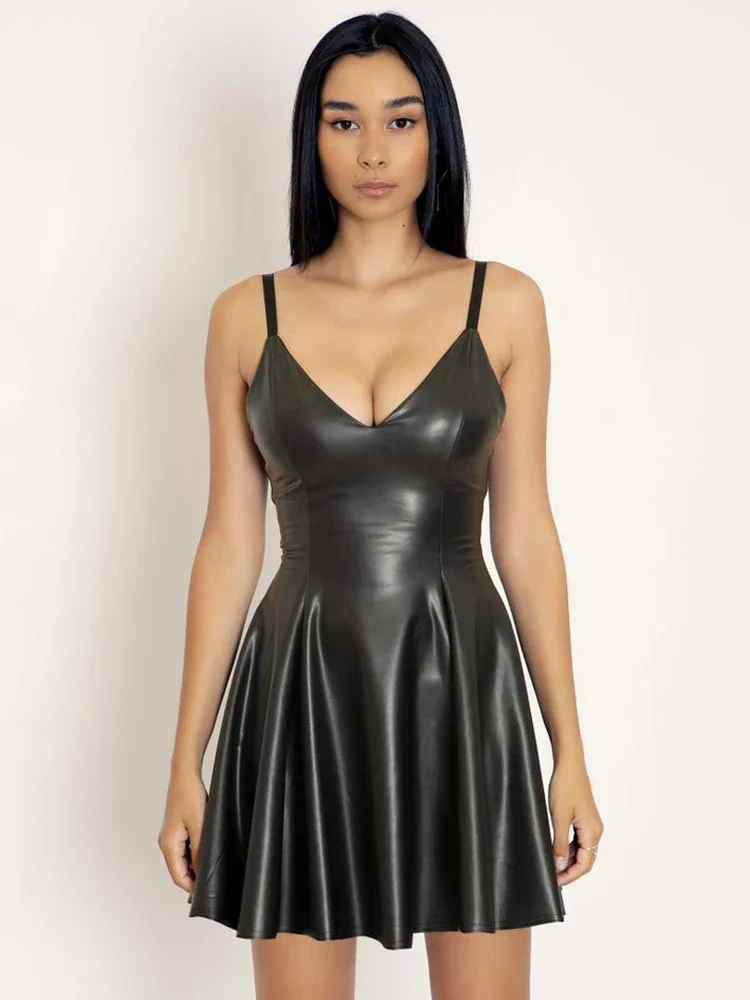 

Synthetic Leather Spaghetti Strap Mini Dress Deep V Neck Matte Backless Backless Sexy Bodycon Custom Dress Summer 2023