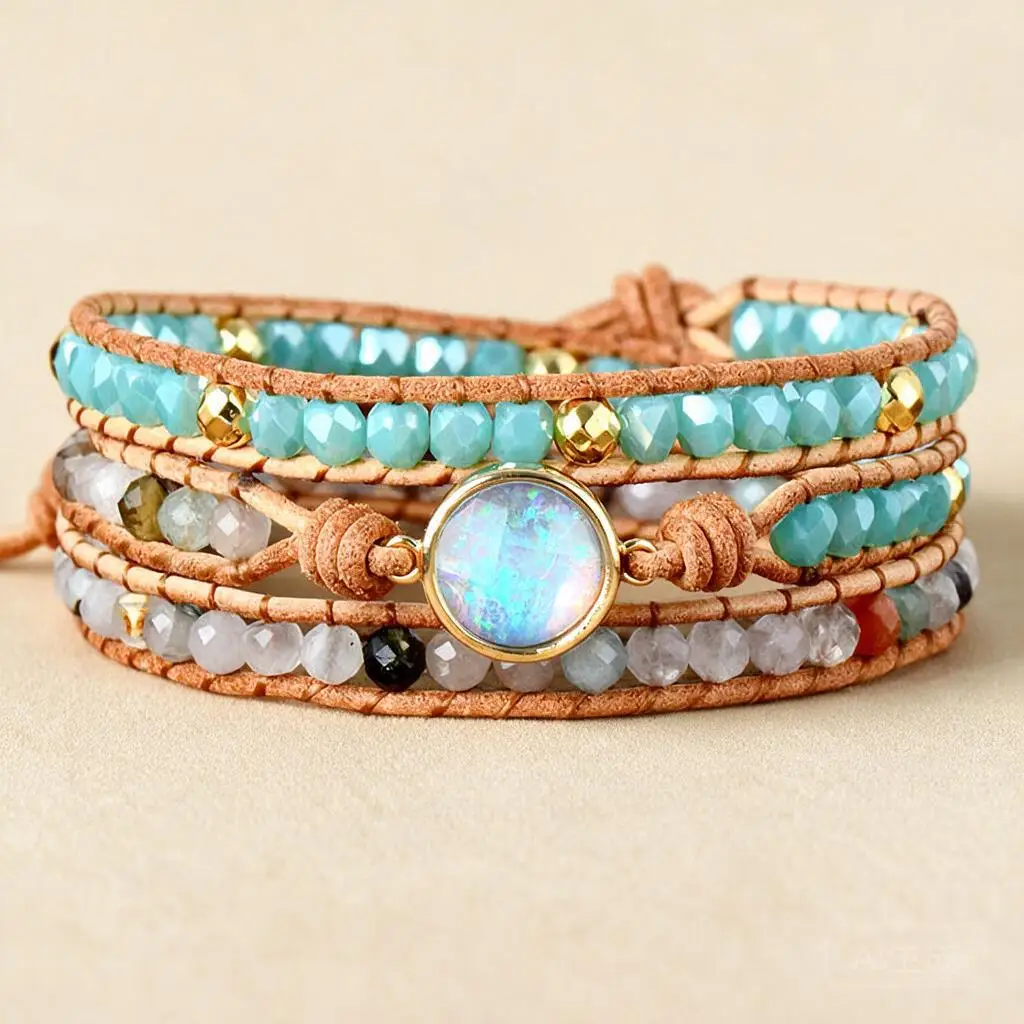 Custom Personalized Boho Opal Multi Layer Wrap Bracelet Handwoven Natural Gemstone Beads Leather Cord Women Daily Jewelry Gift