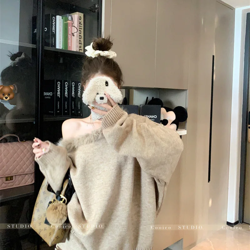 

women knitting two piece set 2025 Autumn Winter Sweater Set Faux Fur Collar Off Shoulder Loose Slouchy Longline Knit Outfit