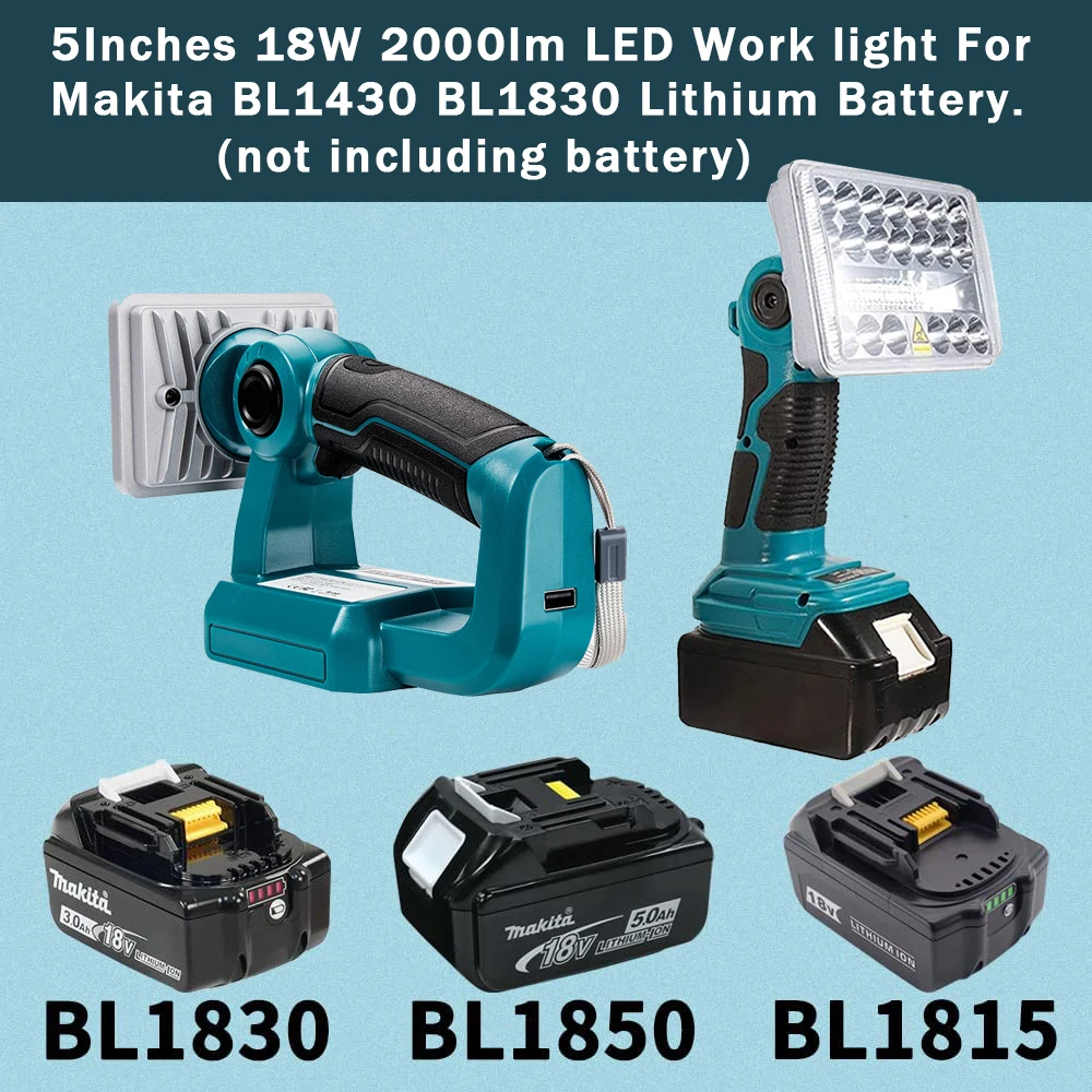 Lanterna Led ao ar Livre com Usb Holofote ao ar Livre Luz para Makita Bl1430 Bl1830 Bateria de Lítio 18v 2000lm