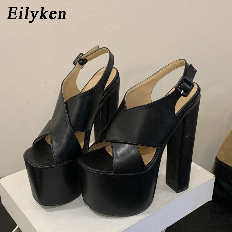 Eilyken 2027 New Summer Chunky Platform Open Toe Sandals Women Fashion Square Heels Buckle Strap Gladiator Shoes