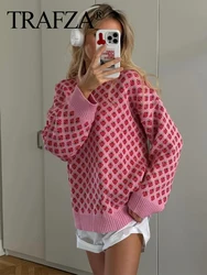 TRAFZA Women Fashion Versatile Crew Neck Long Sleeve Strawberry Jacquard Sweater Female Elegant Sweet Street Warm Sweater Mujer