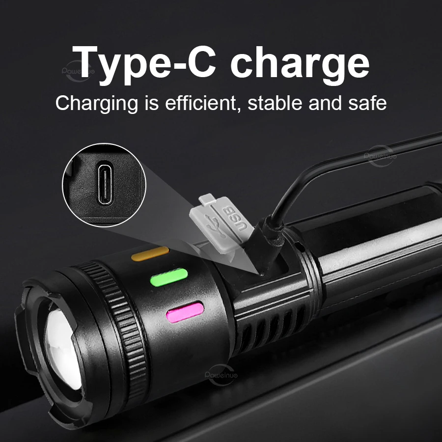 High Power 5 Modes Flashlight Type-C Rechargeable Lantern with Emergency Side Lights Zoom Tactical Torch for Fishing Camping