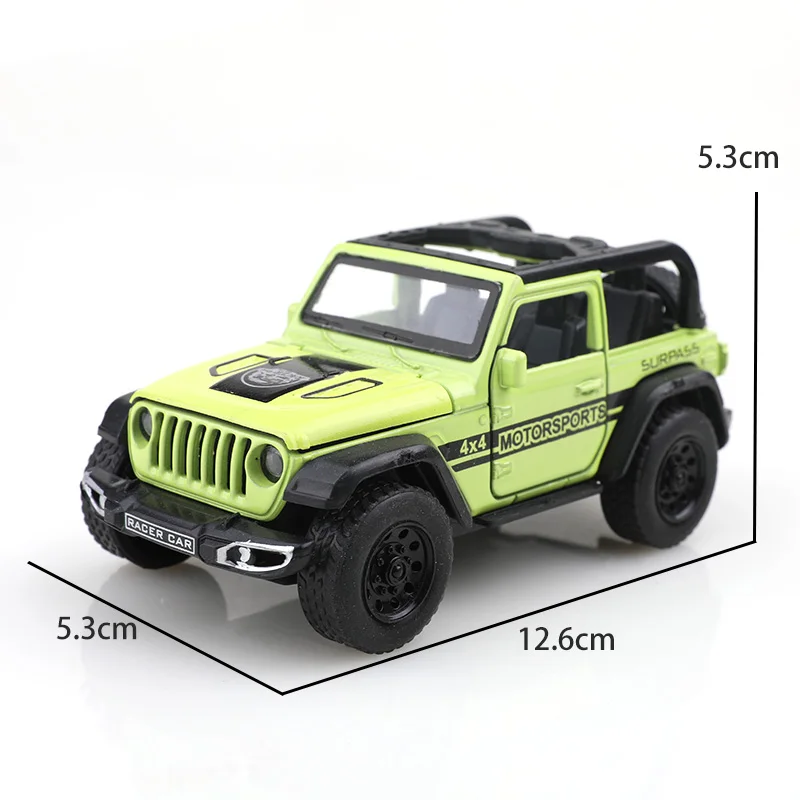 รถออฟโรดแบบเปิดประทุน (แบบมีถุง) ขนาด 1/36 รุ่น Wrangler ผลิตจากโลหะหล่อขึ้นรูป ของเล่นเด็กผู้ชาย เปิดประตูได้สี่บาน ฟังก์ชั่นดึงหลังเคลื่อนที่ได้