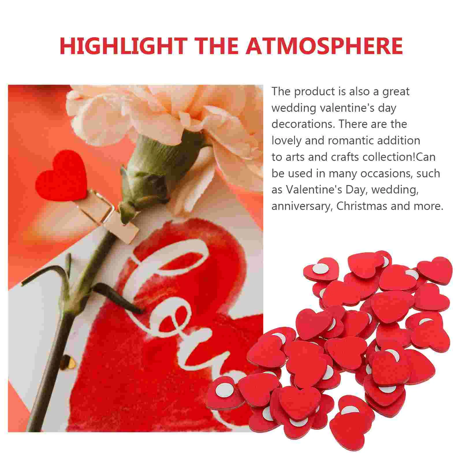 50 Pcs Label Valentine's Day Adhesive Stickers for Wedding Party Crafting Decorations Wooden Red Heart Crafts