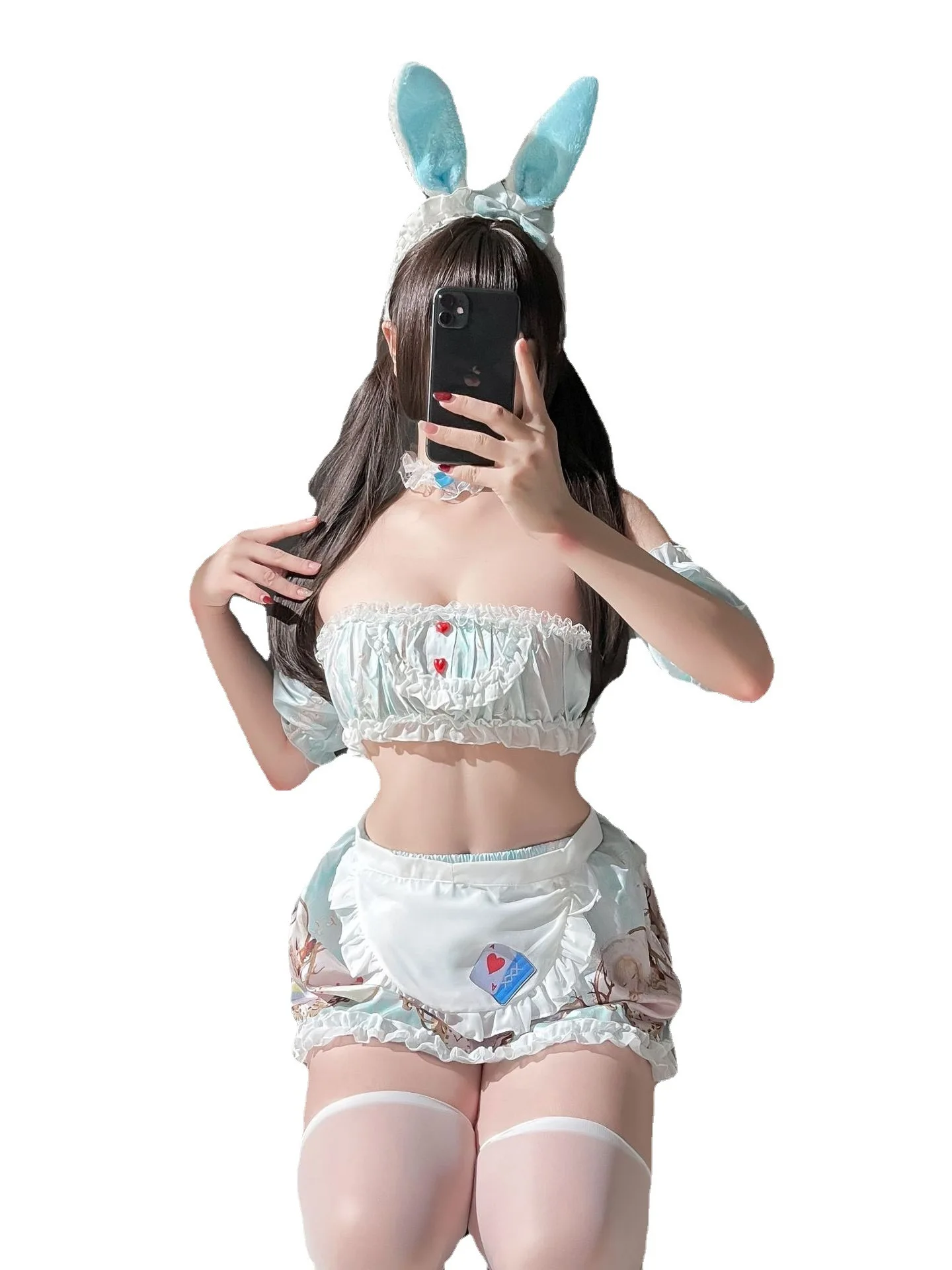 Sweet Cute Girl Sexy Split Lolita Printed Maid Rabbit Jk Uniform Bandage Off Shoulder Top Two Piece Skirt Set 2024 New OGA2