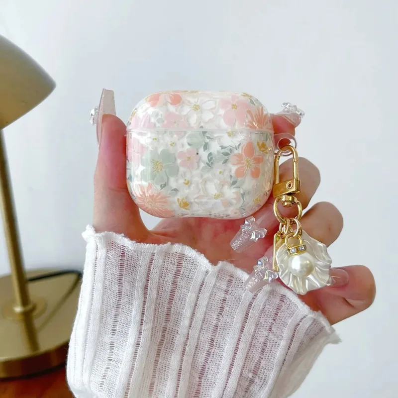 Custodia per auricolari con fiore rosa trasparente carino per AirPods 4 3 2 1 Custodia morbida in silicone per custodie per cuffie Apple AirPod Pro 2 con pendente