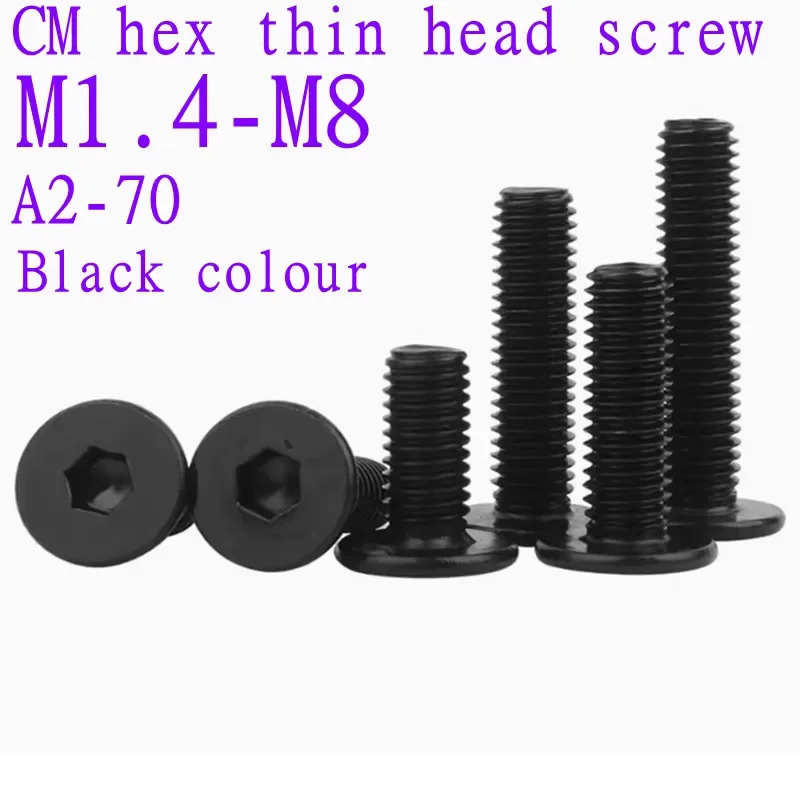 20pcs-500pcs CM 304 stainless steel black Ultra thin Super Low Flat Wafer Head Screw M1.4 M1.6  M2 M2.5 M3 M4 M5 M6 m8 m10 m12
