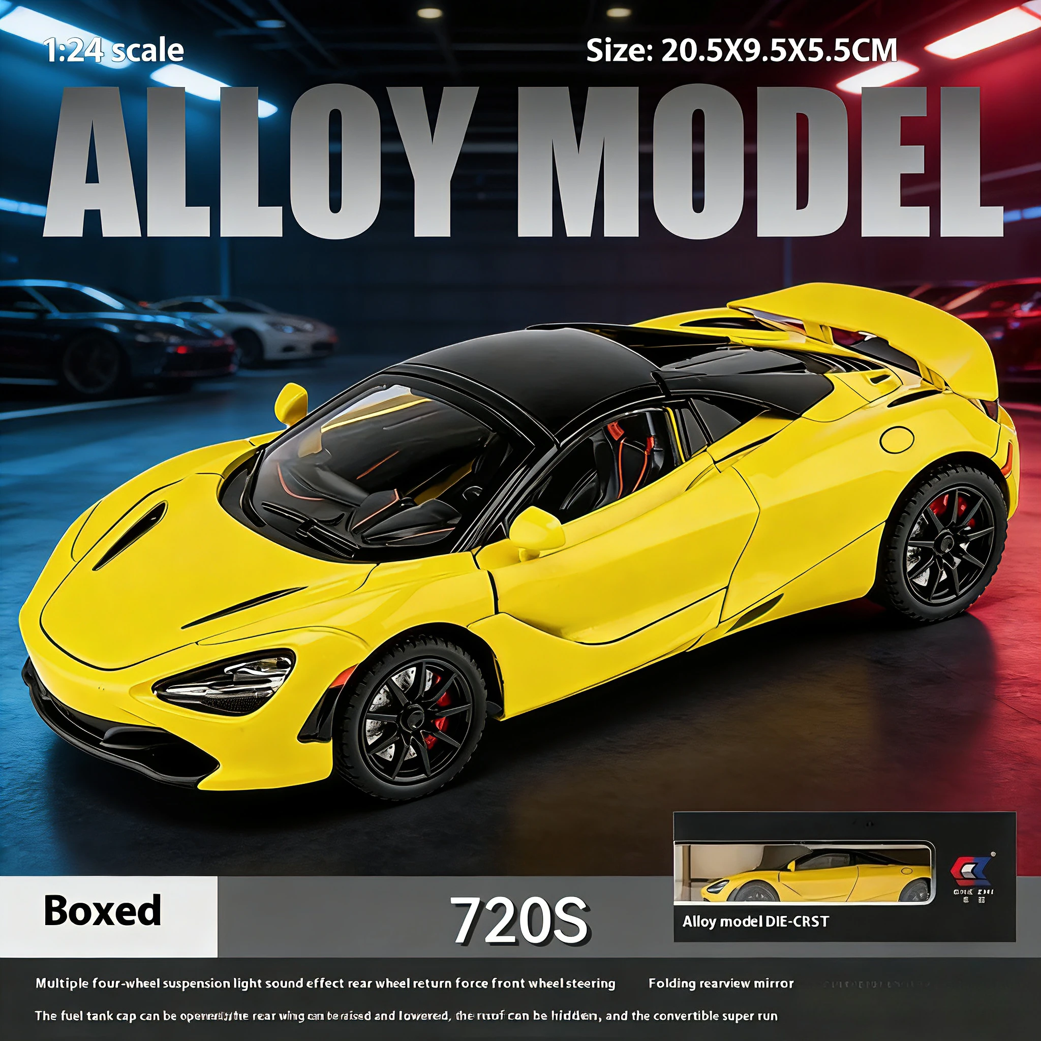 

Модель спортивного автомобиля Alloys 720-х годов в масштабе 1:24, оснащен четырехколесными колесами и функцией амортизации, подарки для взрослых и детей.