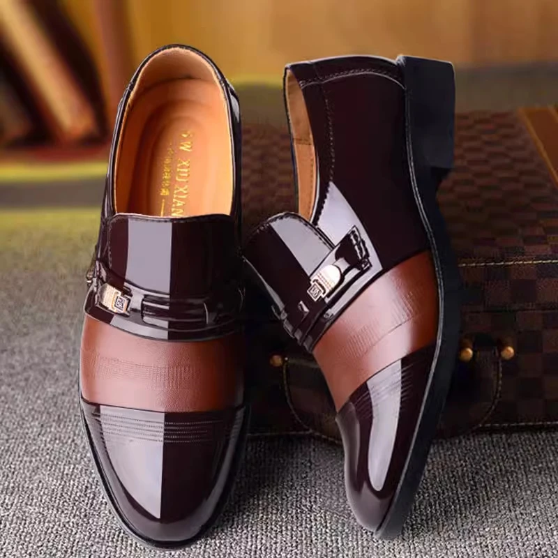 Mens Formal Two Tone Patent Leather Loafers Pointed Toe Slip On Shoes With Metal Buckle Low Heel Comfortable Non Slip Breathable - Image 2