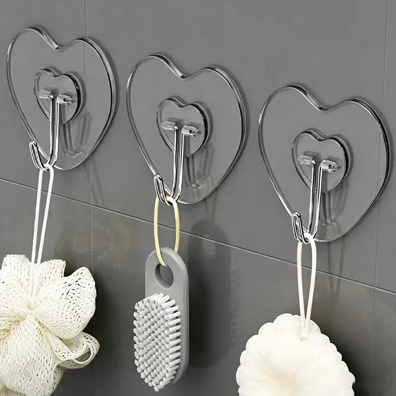 20/40/60pcHeart Shape Transparent Hooks Non Punching Plastic Love Hangers Holder Self Adhesive Key Towel Multi-Purpose Hooks