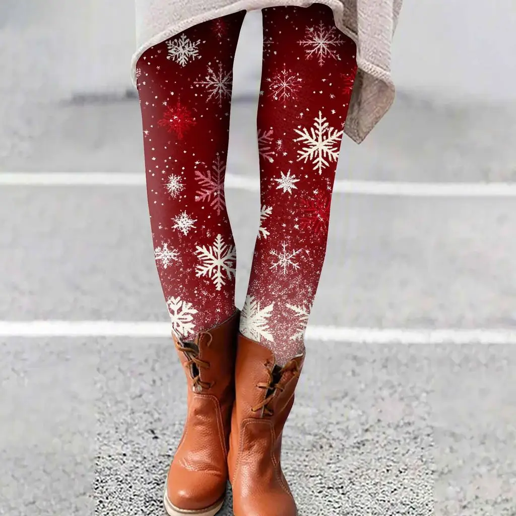 

Women's Christmas snowflake print leggings, made of a polyester and spandex blend with an elastic waist for autumn and winter.