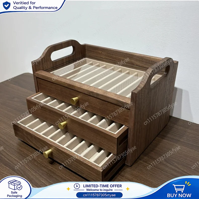 Large Capacity Black Walnut Wood Pen Storage Box Multi-Layer Drawer Display Case Brass Handle Desk Organizer