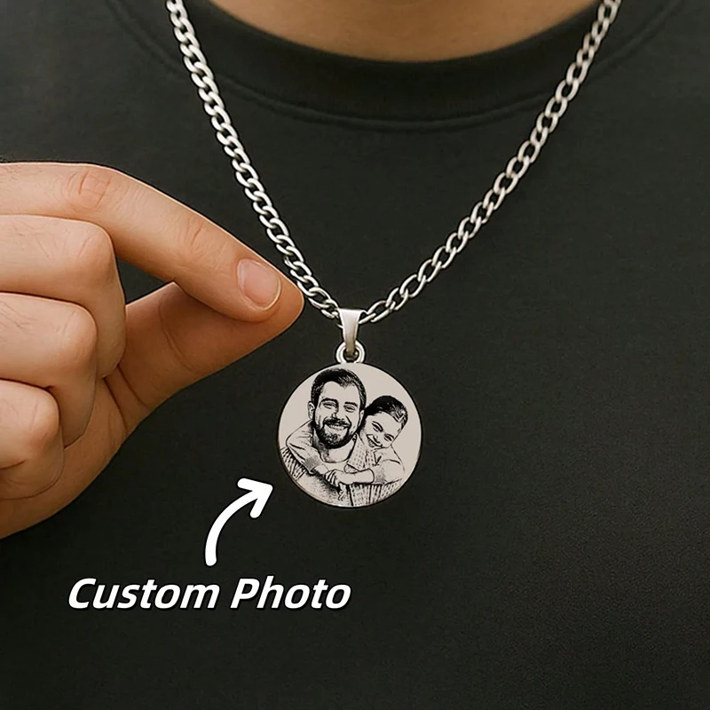 Customized Cuban Chain Necklace Personalized Laser Engraved Portrait Photo Couple Memorial Pendant Necklace Gift For Boyfriend