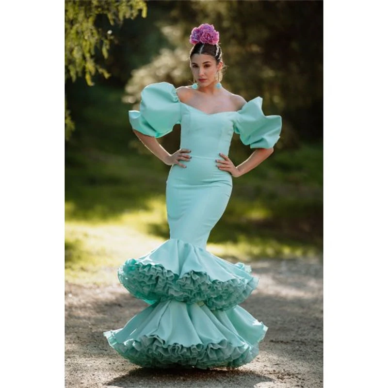 Vestido Flamenco Sereia Prom Dresses Off The Shoulder Ruffles até o chão Mint Elegante Pageant Vestidos Ocasião Especial