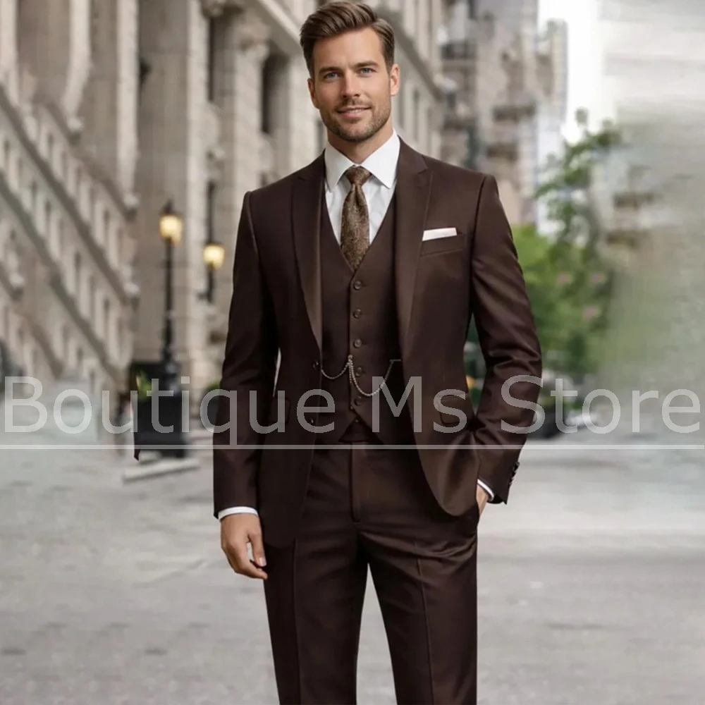 

Men's Dark Brown 3 Piece Suit Set Slim Fit Single Breasted Jacket Vest Pants Smart Casual Formal Wedding Groom Party Tuxedo