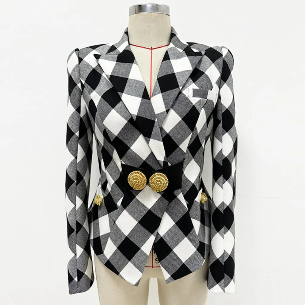

Star Fashion Big Metal Buckle Black And White Plaid Slim Suit Jacket for Early Spring in Stock