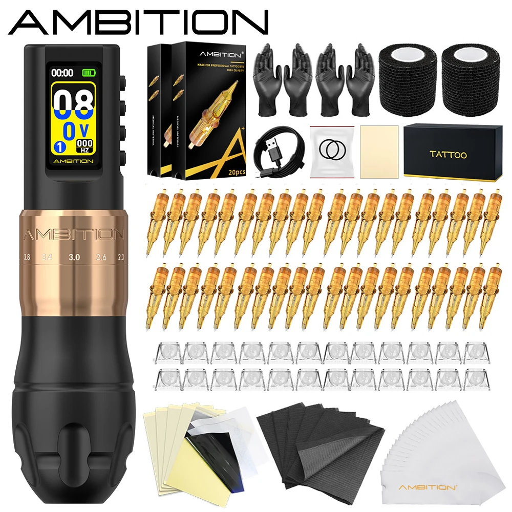 

Комплект Ambition C3, бессердечный двигатель, профессиональная беспроводная машина для татуировки, ручка 7, регулируемый ход 2,0-4,2 мм, макияж для тела для татуировки