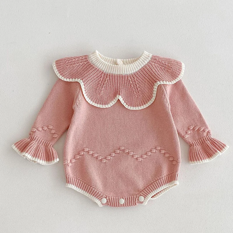 2024 New Autumn Children Knitted Clothes Infant Baby Girls Knitted Jumpsuit  Long Sleeved Splicing Newborn Baby Girls Bodysuits