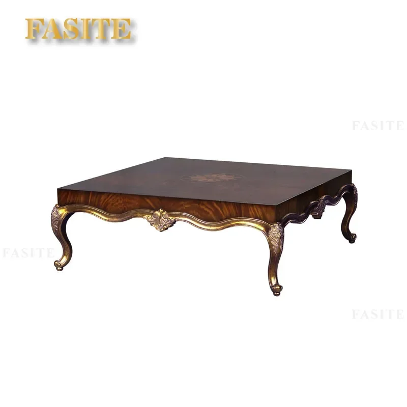 For European Court Style Solid Wood Carved Flower Square Coffee Table Neoclassical Gold Finish Living Room Villa Furniture