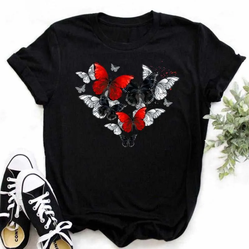 Red and Black Butterfly Fashioin Women's T-shirt print ladies T-shirt casual basis O-collar black shirt short sleeve Tshirt