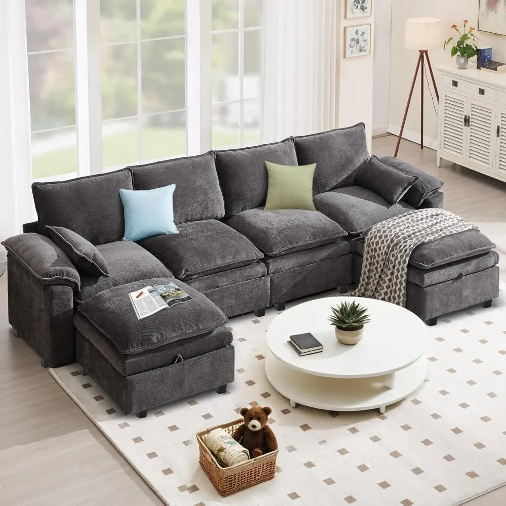 

130” Modular Sectional Sofa U-Shaped, Chenille Fabric Small Space Couch, Comfortable Apartment Living Room Sofa with 2 Pillows