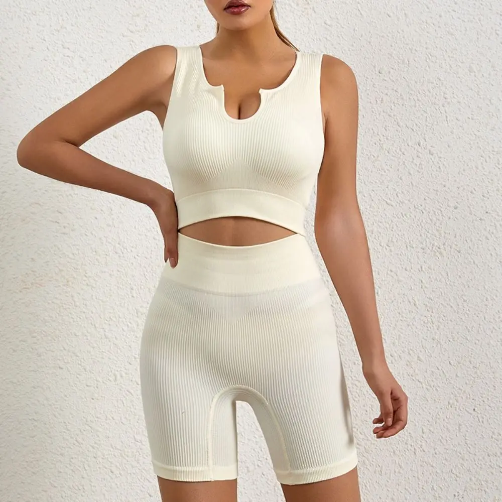 

Nylon Women Yoga Suit Without Pad Rib-Knit Workout Bra Shorts Set Breathable Comfortable Running Shirts Fitness Wear