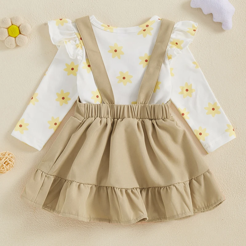 

Girls 2-Piece Outfit Set with Long Sleeve Floral Print Top and Suspender Skirt Adorable Ruffled Matching Ensemble